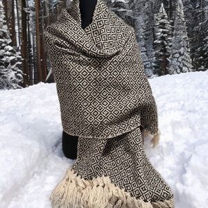 Mexican Rebozo Shawl in Brown on Cream –100% Natural Raw Wool, Large Winter Wrap